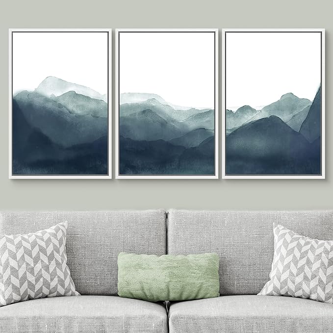 SIGNWIN Framed Canvas Print Wall Art Blue & Green Mountains in Fog Nature Wilderness Illustrations Modern Art Rustic Scenic Relax/Calm Cool for Living Room, Bedroom, Office - 24"x36"x3 White