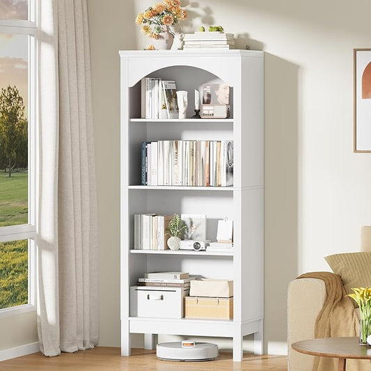 56" H Tall Bookshelf and Bookcase, Arched Book Shelf with 4-Tier Open Shelves, Wooden Storage Bookcase Freestanding Display Bookshelves for Bedroom, Living Room, White