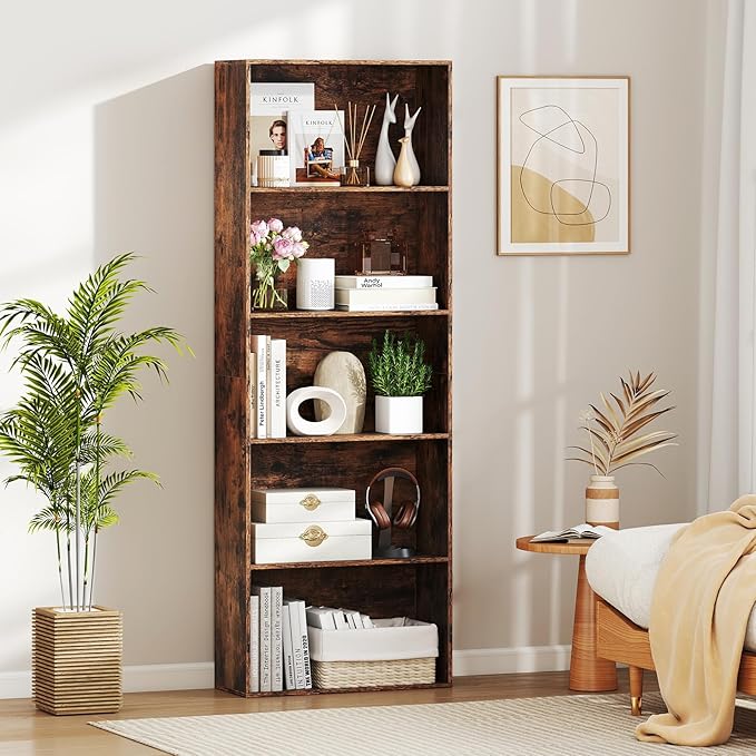 Giantex 5-Tier Bookshelf, Freestanding Bookcase with 5 Open Shelf, Modern Display Shelf, Storage Organizer for Living Room Bedroom Home Office, Rustic Brown