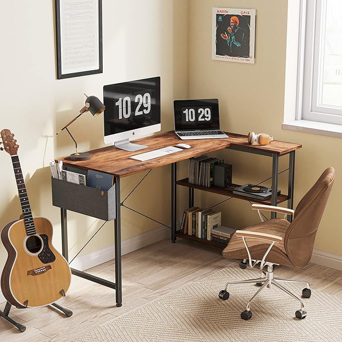 CubiCubi L Shaped Desk, 55 Inch Computer Desk with Reversible Storage Shelves Home Office Corner Desk Study Writing Table, Deep Brown