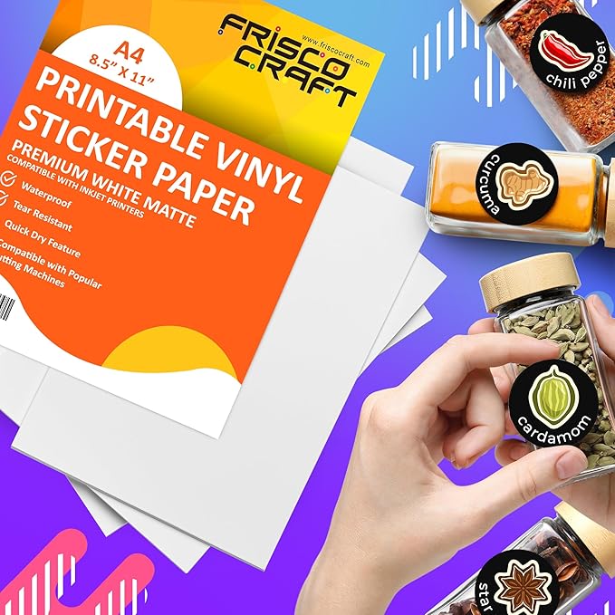 Frisco Craft Premium Printable Vinyl Sticker Paper for Inkjet Printers - Matte, 8.5" x 11" (A4) - Water-Resistant, Durable, Easy-Peel Sheets for Custom Labels, Decals, & Stickers (50 Sheets)