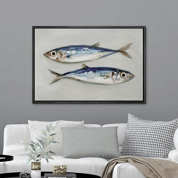 MUDECOR Framed Canvas Print Wall Art Two Fish Illustration Coastal Illustrations Minimalism Decorative Relax Colorful for Living Room, Bedroom, Office - 24"x36" Black