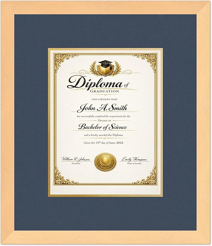CountryArtHouse Diploma Frame Fits 8.5 x 11 Certificate (Portrait) - Keepsake Graduation Display Natural Wood Genuine Hardwood with Navy Blue Over Metallic Gold Double mat