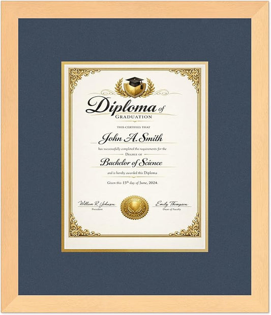 CountryArtHouse Diploma Frame Fits 8.5 x 11 Certificate (Portrait) - Keepsake Graduation Display Natural Wood Genuine Hardwood with Navy Blue Over Metallic Gold Double mat