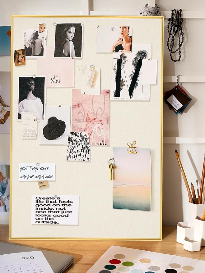 Bulletin Board 24 x 18 inches, Oatmeal White Pin Board, Golden Aluminum Framed Fabric Cork Board with 10 Push Pins