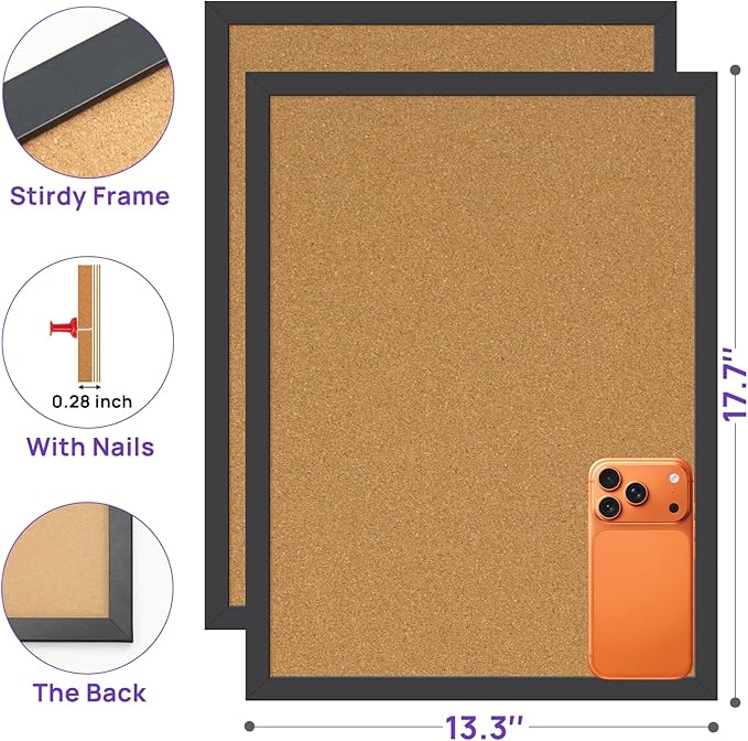 2 Pcs Cork Board, 17.7''x13.3'' Bulletin Board, Black Framed Corkboards for Wall, Small Cork Board, Vision Board Supplies, Prayer Board, Picture Board for Photos, Office, Home Decor, School