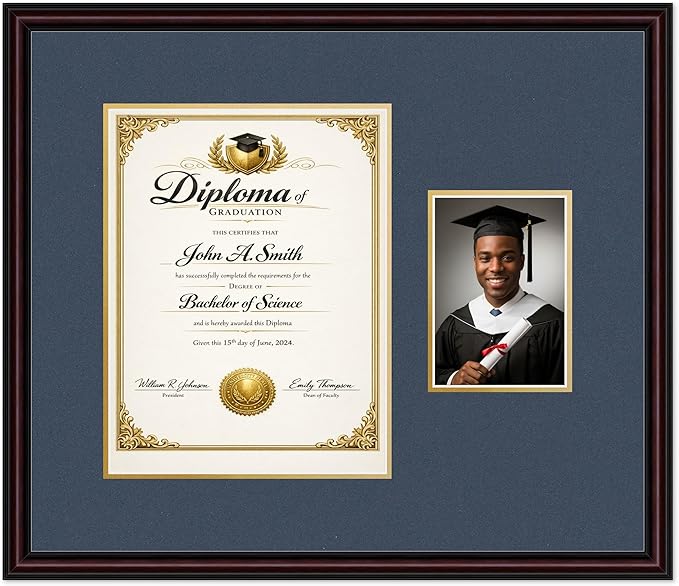 CountryArtHouse Fits 10 x 13 College Diploma (Portrait Traditional) and 5 Diploma and Photo Frame Executive Brown Genuine Hardwood with Navy Blue Over Metallic Gold Double mat