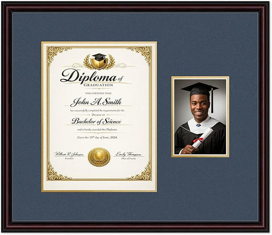 CountryArtHouse Fits 10 x 13 College Diploma (Portrait Traditional) and 5 Diploma and Photo Frame Executive Brown Genuine Hardwood with Navy Blue Over Metallic Gold Double mat
