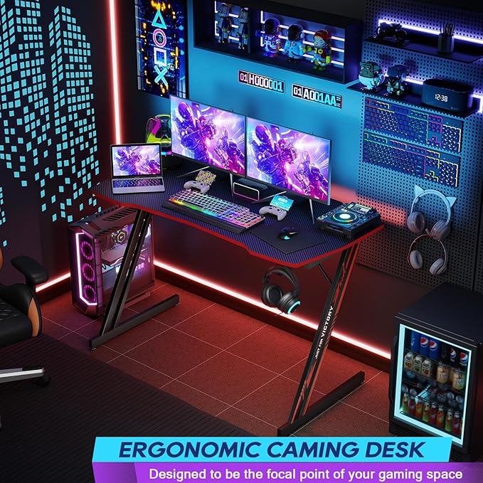 BestOffice Gmaing Desk Z Shaped 47 inch PC Computer Desk Computer Workstation Ergonomic Gaming Table with Headphone Hook for Game Players, Black&Red