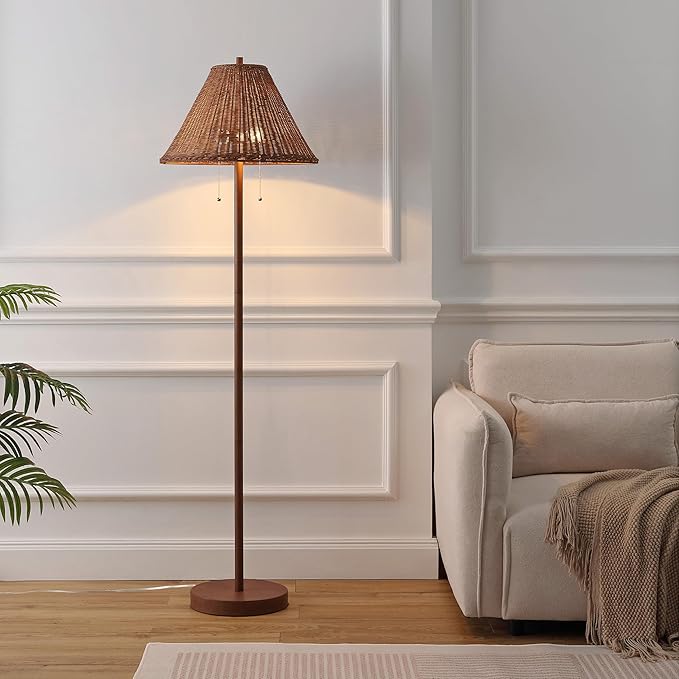 JONATHAN Y 61" Dark Brown Wood Finish 2-Light Coastal Bohemian LED Floor Lamp for Living Room, Brown Rattan Shade, Mid-Century Modern Tall Standing Lamp, Pull-Chain, LED Bulbs Included (JYL3092C)