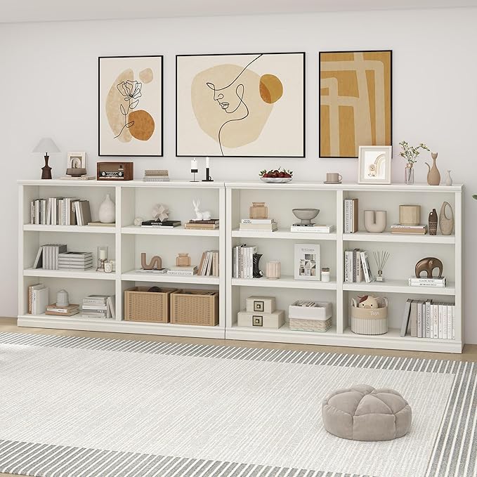 Double Wide Open Shelf Bookcase - 3 Tiers 6 Storage Cube Adjustable Space Book Case, Display Cabinet Organizer with Bookshelf, 64.8 inch Width Indoor Furniture for Home Library Office, White