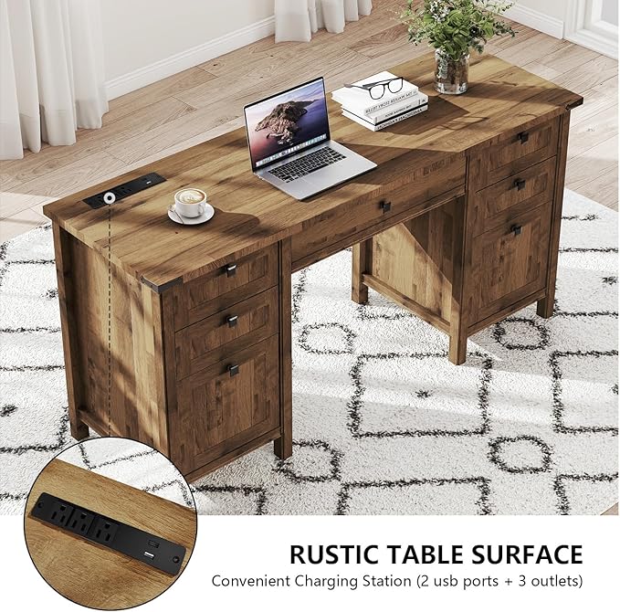 Farmhouse Executive Desk with Drawers - 62" W Farmhouse Computer Desk with Power Outlets & USB Charging, Heavy Duty Storage Desk for Home Office & Study.Vintage