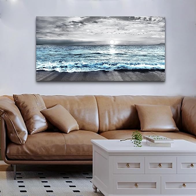 Lapremoly Large Canvas Wall Art - Black And White Beach Wall Painting Blue Ocean Sea Wave Landscape Artwork Posters For Living Room, Bedroom, Office Decor
