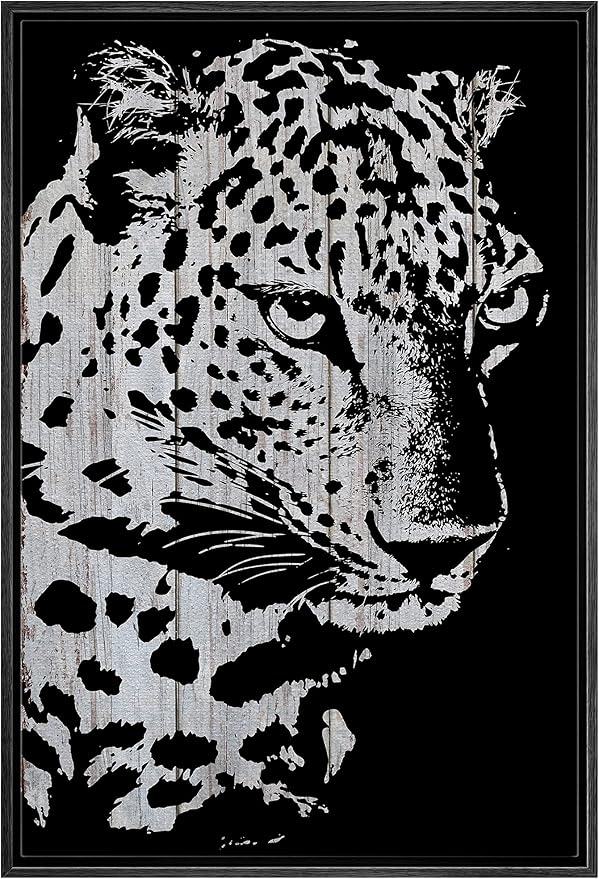 IDEA4WALL Framed Canvas Print Wall Art Grayscale Spotted Leopard on Wood Blocks Animals WildLife Illustrations Modern Art Tropical Portrait Dark for Living Room, Bedroom, Office - 24"x36" BLACK