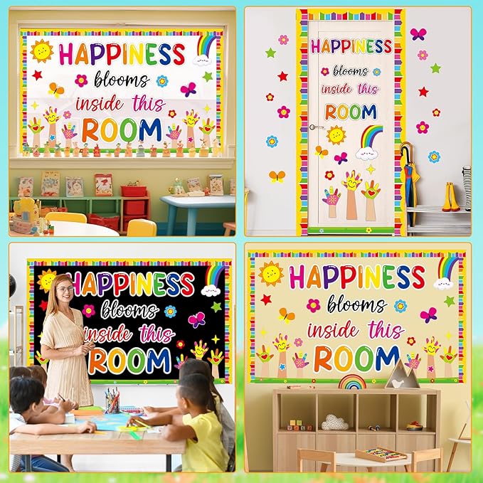gisgfim Motivational Handprint Bulletin Board Decorations Welcome Back to School Paper Cutouts Happiness Blooms in This Room Classroom Colorful Rainbow Flower Bulletin Board Decor for Chalkboard Wall