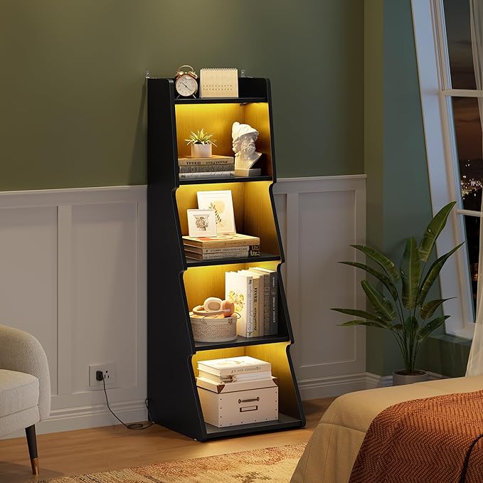 Hoctieon 5-Tier Open Bookcase and Bookshelf with LED Light, Floor Standing Display Storage Shelves, Wood Modern Display Organizer for Home Office, Living Room, Bedroom, Study, Black