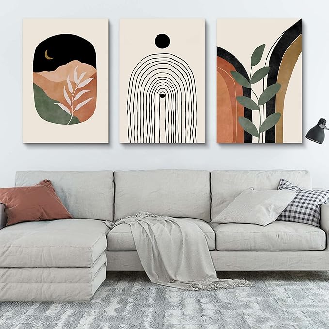 Boho Wall Art Set of 3 - Mid Century Modern Canvas Prints: Sun Moon Leaf Mountain, Neutral Abstract Geometric for Bedroom, Bathroom, Living Room, Office