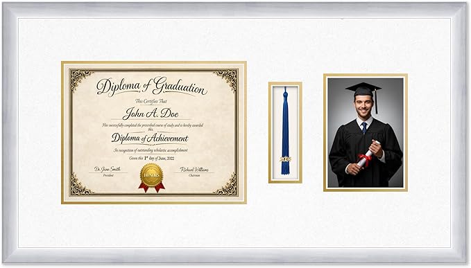 Diploma Tassel and Photo Frame Stainless Silver Shadowbox Oyster Shell Over Gold Mat - Fits 11 x 8.5 Degree Picture Made in the USA
