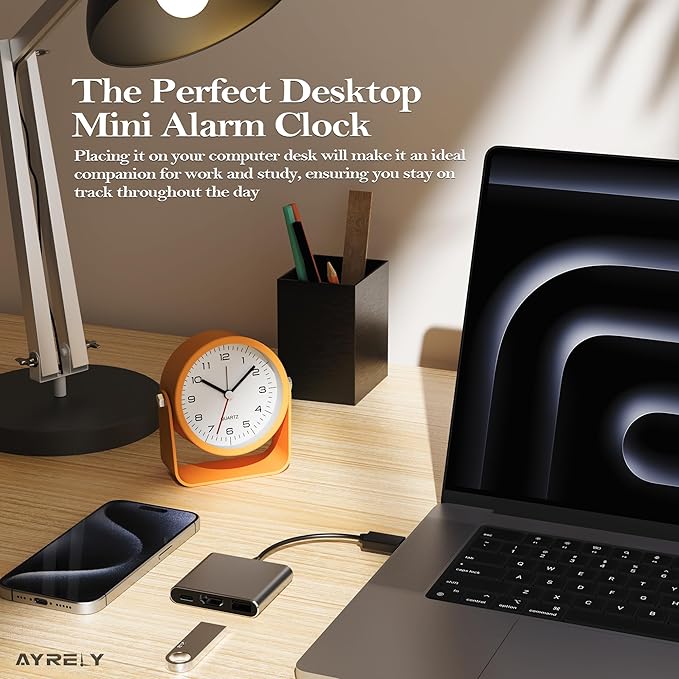 AYRELY® 3.5 Inch Small Analog Alarm Clocks,Battery Operated Desk Clock,Cute Table Clock with Light，Adjustable Angle for Travel,Bedside,Bedroom,Kids,Living Room Decor(Orange)