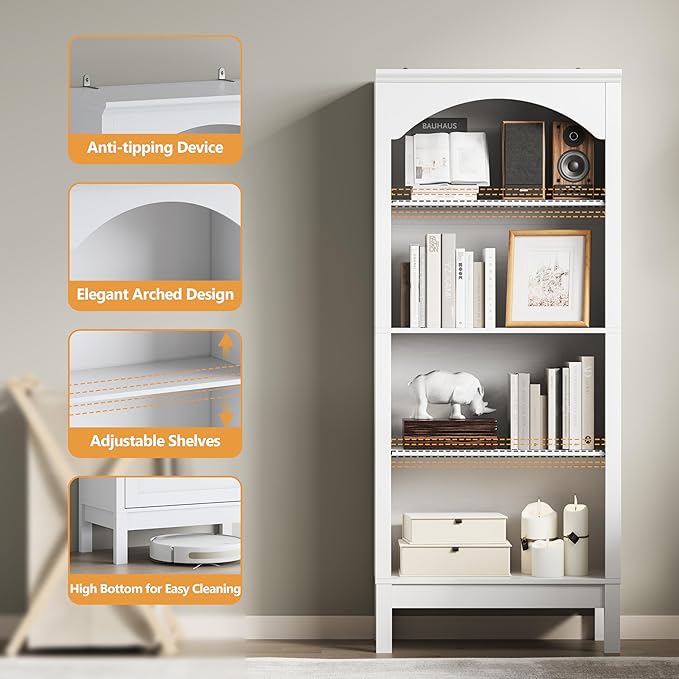 Arched Bookshelf with 4 Tier Open Shelves, 56" Tall Wood Bookcase with Adjustable Shelves, 24" Wide Floor Standing Display Storage Shelf for Home Office, Kitchen, Study and Living Room, Modern White