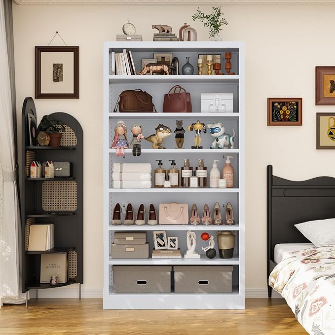 Bookcase,7 Tier Bookshelf,55" Tall Free Standing Metal Bookcase with Adjustable Storage Shelves,Wide Bookshelf for Bedroom Living Room Home Office School (White, 7 Tier 55"H x 27.5"W x 11.8"D)