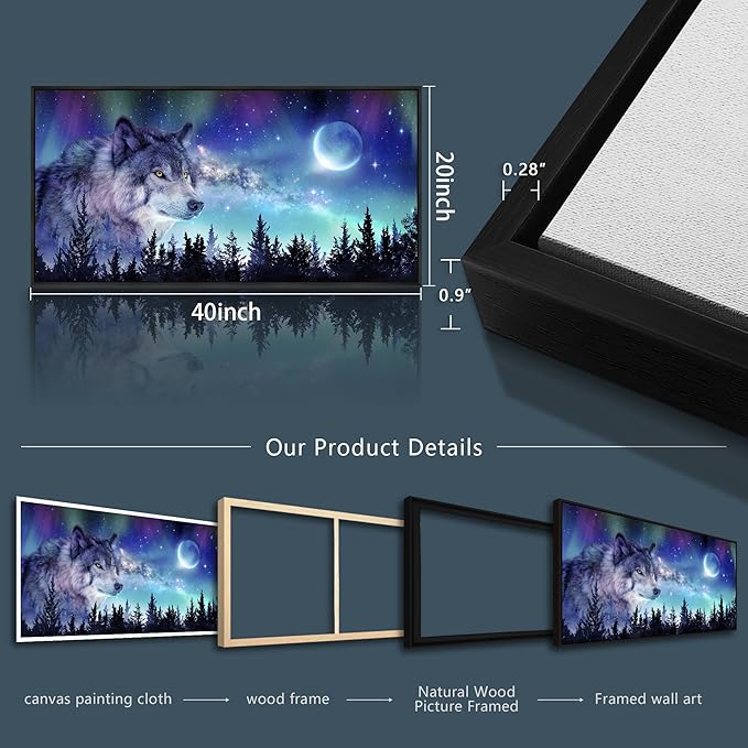 Wapluam Black Framed Canvas Wall Art For Living Room Family Wall Decor For Bedroom Wall Decorations For Office Abstract Aurora Scenery Paintings Wolf Wall Pictures Artwork Room Home Decor 20" X 40"