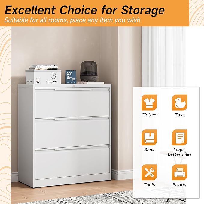 Bestoo 3-Drawer Lateral File Cabinet with Lock, Metal Filing Cabinet for Home Office,3 Lateral Filing Storage Cabinets, Fits File Folders, Letter/Legal/F4/A4 Size, Assembly Required (White)