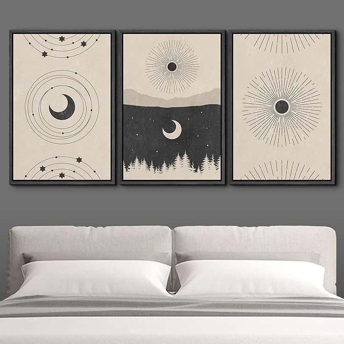 IDEA4WALL Framed Canvas Print Wall Art Set Crescent Moon Shining Sun Forest Galaxy Astronomy & Space Nature Illustrations Modern Art Rustic for Living Room, Bedroom, Office - 16"x24"x3 Black