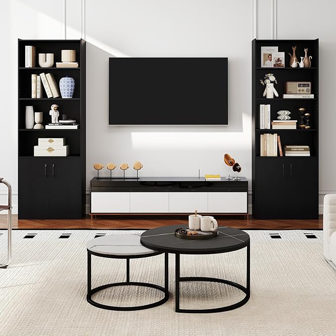 Giantex 70" Bookcase with 2 Doors, 6-Tier Modern Bookshelf w/Cabinet, Elegant Storage Cabinet, Adjustable Shelves, Multipurpose Display Rack, Storage Organizer for Living Room Bedroom Study (Black)