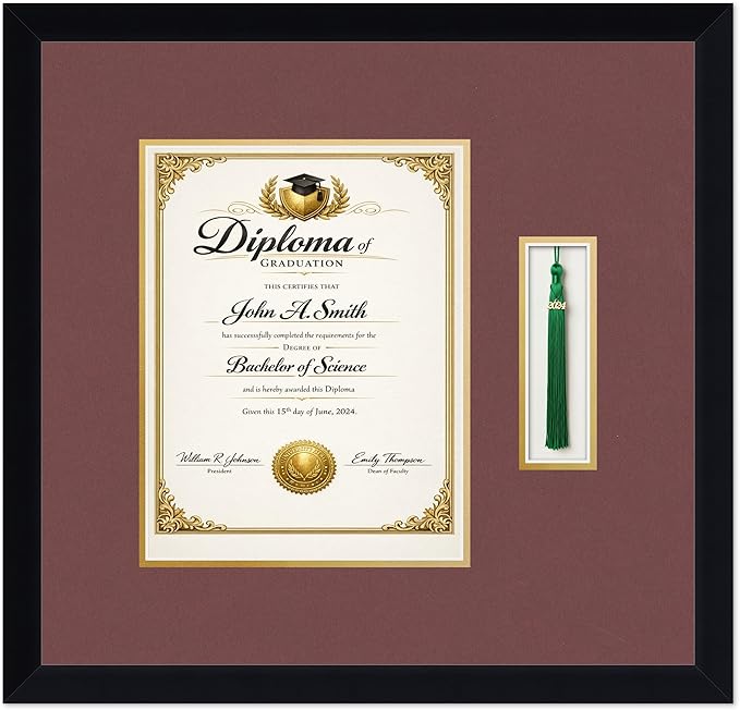 CountryArtHouse Diploma and Tassel Frame Fits 8.5 x 11 Certificate (Portrait) with Tassel Hoo Matte Black Genuine Hardwood Shadowbox with Dark Red Over Metallic Gold Double mat