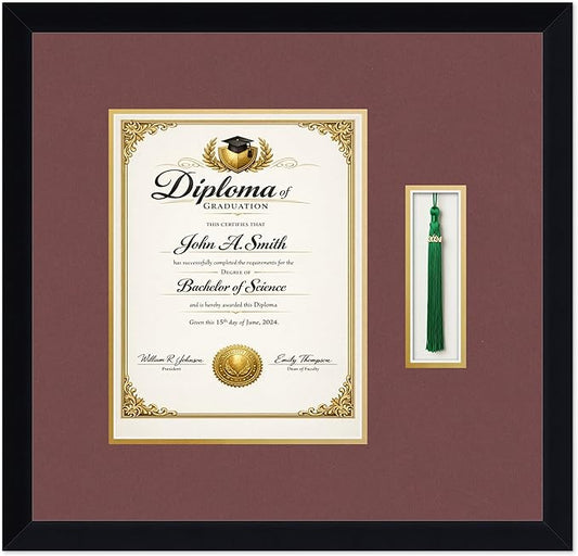 CountryArtHouse Diploma and Tassel Frame Fits 8.5 x 11 Certificate (Portrait) with Tassel Hoo Matte Black Genuine Hardwood Shadowbox with Dark Red Over Metallic Gold Double mat