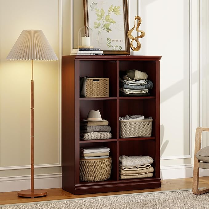6 Cube Storage Organizer - 3 Tiers 6 Storage Cube Adjustable Space Book Case, Display Cabinet Organizer with Bookcase, 30 inch Width Horizontal Bookshelf for Home Library Office, Mahogany