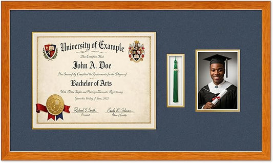 Diploma Tassel and Photo Shadowbox Fits 14 x 11 College Diploma (Modern) with Tassel Hook Honey Oak Genuine Hardwood with Navy Blue Over Metallic Gold Double mat