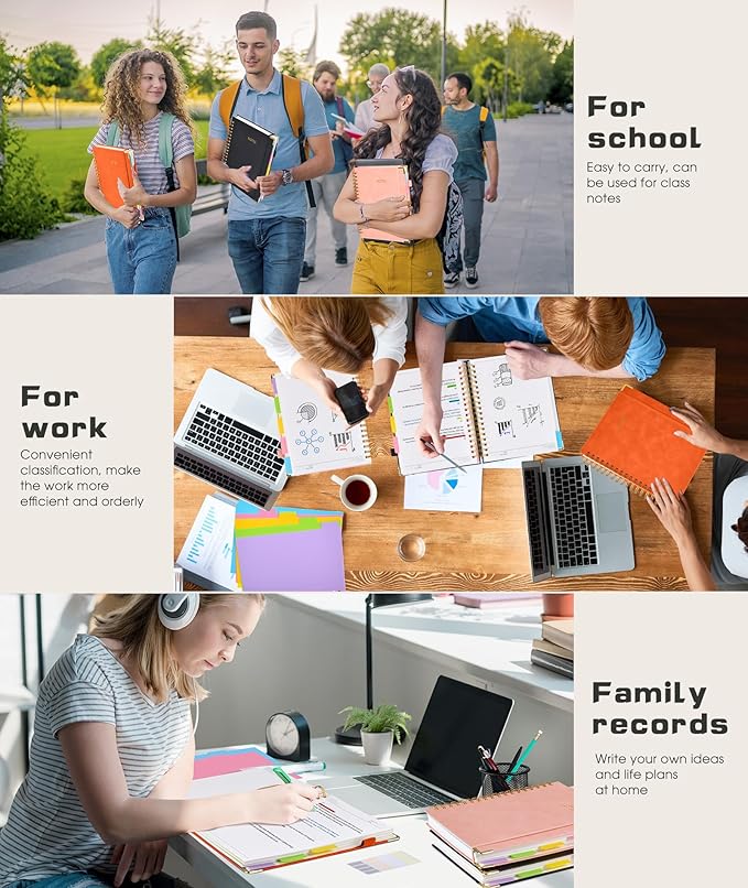 Hardcover Spiral Notebook Journal with Removable Dividers Tabs, 300 Pages Leather 5 Subject Notebook College Ruled, 8"x10" Large B5 Notebooks for Work School Note taking, Lined Journal for Women, Orange