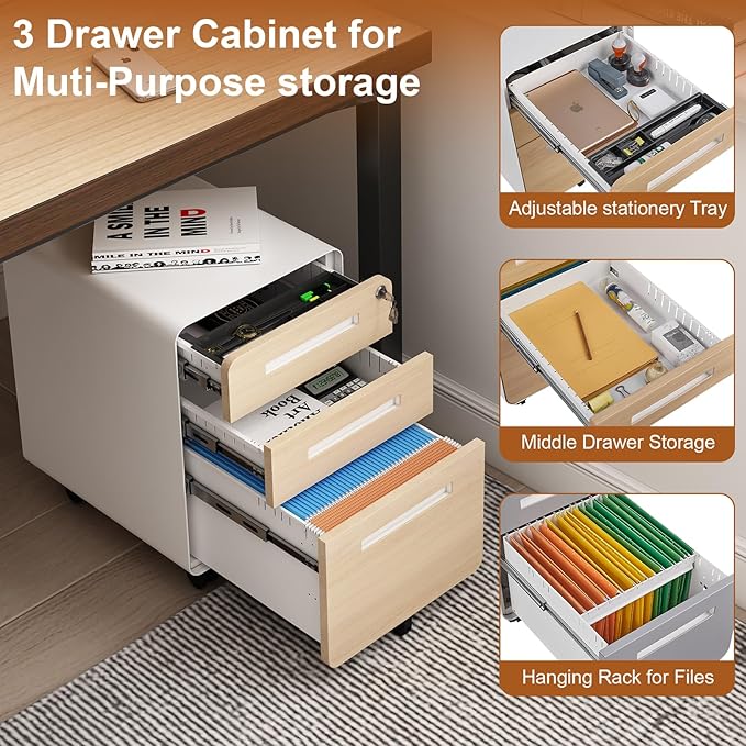 Garvee 3 Drawer File Cabinet with Lock, Under Desk Mobile Metal Filing Cabinet for Home Office, 5 Wheel Anti-Tilt Rolling File Cabinets for A4/Letter/Legal Size, Fully Assembled