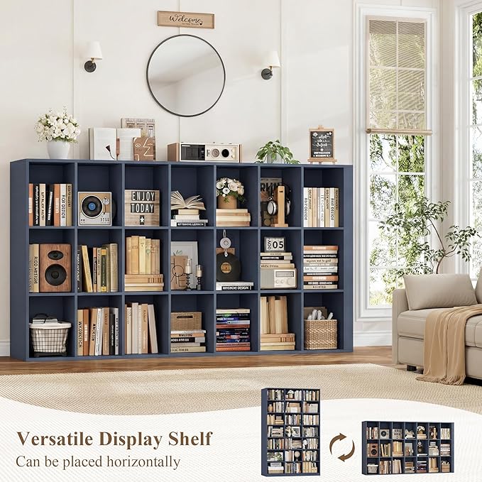 HOSTACK 86" H Triple Wide Bookshelf and Bookcase, 7 Tier Tall Bookshelf with Storage, Large Bookcase with 21 Open Display Storage Shelves, Wood Book Shelf Media CD DVD Storage for Living Room, Blue