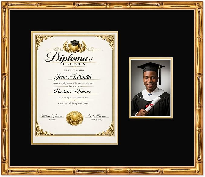 CountryArtHouse Fits 10 x 13 College Diploma (Portrait Traditional) and 5 x 7 Phot Diploma and Photo Frame Gold Bamboo Genuine Hardwood with Black Over Metallic Gold Double mat