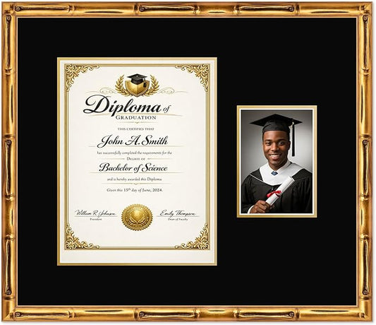 CountryArtHouse Fits 10 x 13 College Diploma (Portrait Traditional) and 5 x 7 Phot Diploma and Photo Frame Gold Bamboo Genuine Hardwood with Black Over Metallic Gold Double mat