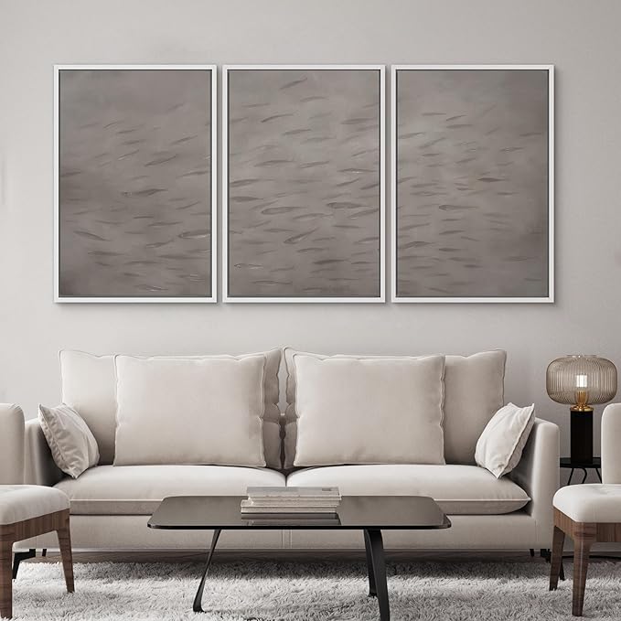SIGNWIN Framed Canvas Print Wall Art Set Minimalist Fish Shoal Pattern Subtle Gray Underwater Illustrations Modern Art Decorative Abstract for Living Room, Bedroom, Office - 24"x36"x3 White
