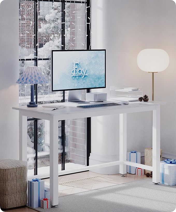 43" Home Office Desk Modern Computer Desk 43.3x23.6x29.5 inches PC Table with Thicken Frame Industrial Style Sturdy Metal Frame Furniture for Writing Gaming Marble White+White