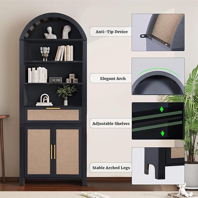 79" Tall Arched Bookcase with Storage, Mid Century Modern 6-Tier Cabinet with Door and Drawer, Arched Bookshelf with Open Display Shelf for Office Living Room(Black, 79inch-Doors)