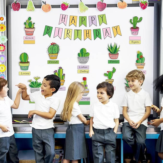 JarThenaAMCS 85Pcs Happy Birthday Bulletin Board Set Green Cactus Calendar Poster Plants Classroom Birthday Chart for Back to School Decorations