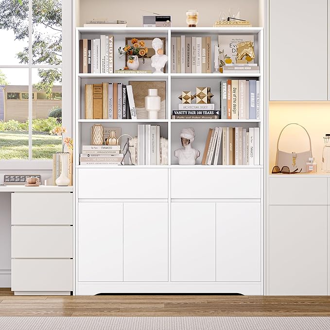 FINETONES 69" White Bookshelf with Doors, 47.2" Double Wide Bookshelves and Bookcases with Storage, Tall Bookshelf Large Open Book Shelf Standing Book Case for Home Office, White