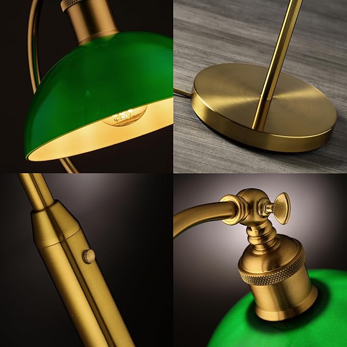 O’Bright Heritage - Banker’s Floor Lamp, 3-Level Touch Dimming, Adjustable Tilt Shade, Removable Lampshade Design, E26 Socket with 6W Dimmable LED Bulb, Green Glass Shade, Antique Brass
