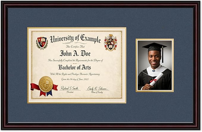 CountryArtHouse Fits 13 x 10 College Diploma (Traditional) and 5 x 7 Photo Diploma and Photo Frame Executive Brown Genuine Hardwood with Navy Blue Over Metallic Gold Double mat