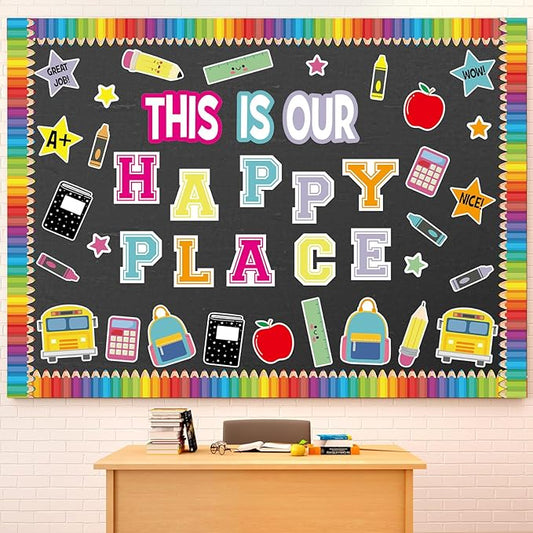 This is Our Happy Place Classroom Decor Welcome Back to School Bulletin Board Set DIY Paper Die Cuts Decorating Supplies for First Day of School Craft Classroom Wall Decor