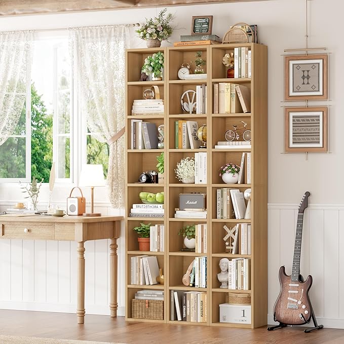 FOTOSOK 8-Tier Media Tower Rack, 11.6 X 9.3 X 71 Inches CD DVD Slim Storage Cabinet with Adjustable Shelves, Tall Narrow Bookcase Display Bookshelf for Home Office, Natural