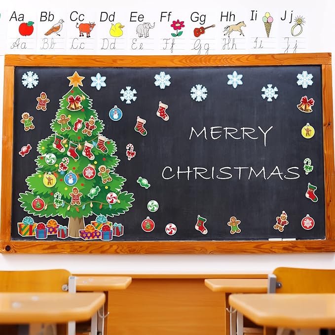 3Ft Big Christmas Tree Bulletin Board Set Christmas Tree Holiday Bulletin Board Decoration with Christmas Stockings Snowflakes Cutouts for Classroom Home Chalkboard Wall Decoration (Christmas Tree)