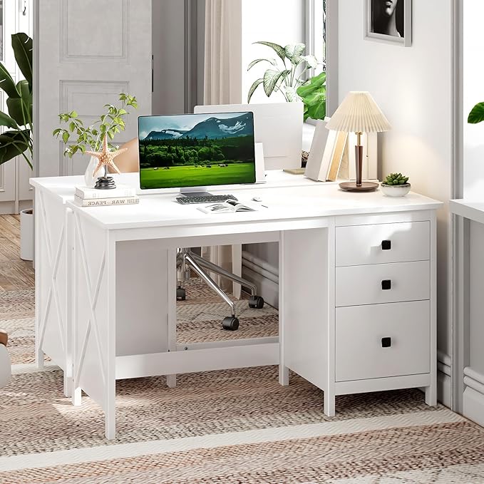 JSB 47.2'' White Computer Desk for Home Office,Farmhouse Executive Desk with 3 File Drawers,Study Writing Table Storage Cabinet,Makeup Vanity Desk for Bedroom (White, 47.2in)