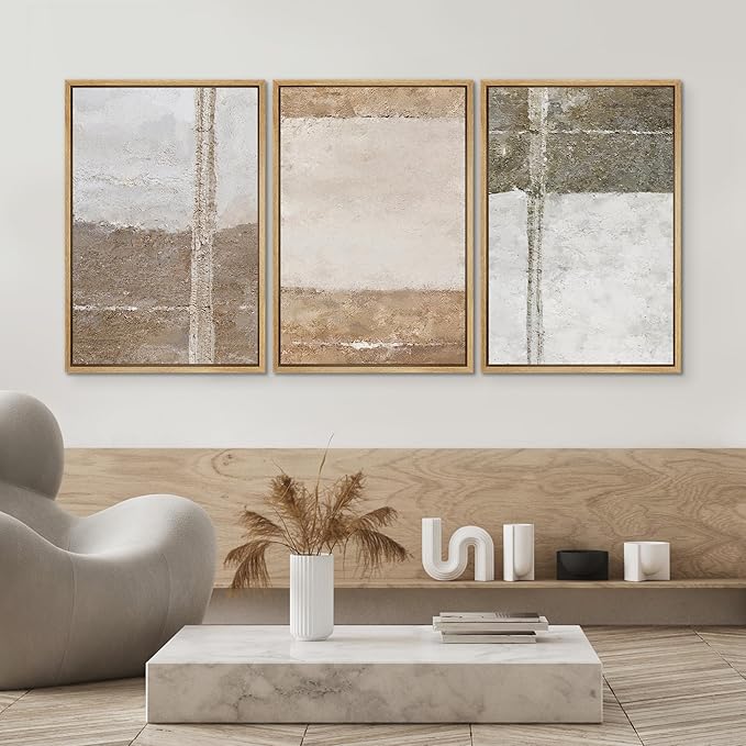 SIGNWIN Framed Canvas Print Wall Art Set Grunge Gray Brown Pastel Landscape Abstract Shapes Illustrations Modern Art Geometric Zen Mid-Century for Living Room, Bedroom, Office - 16"x24"x3 Natural